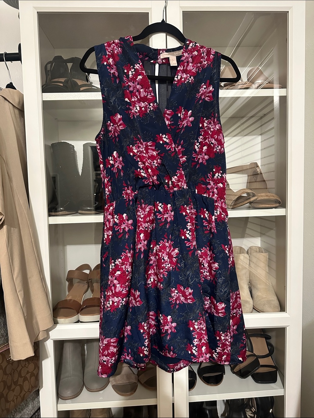 Forever 21 Navy Floral Sleeveless Dress with pockets and a sheer back detail